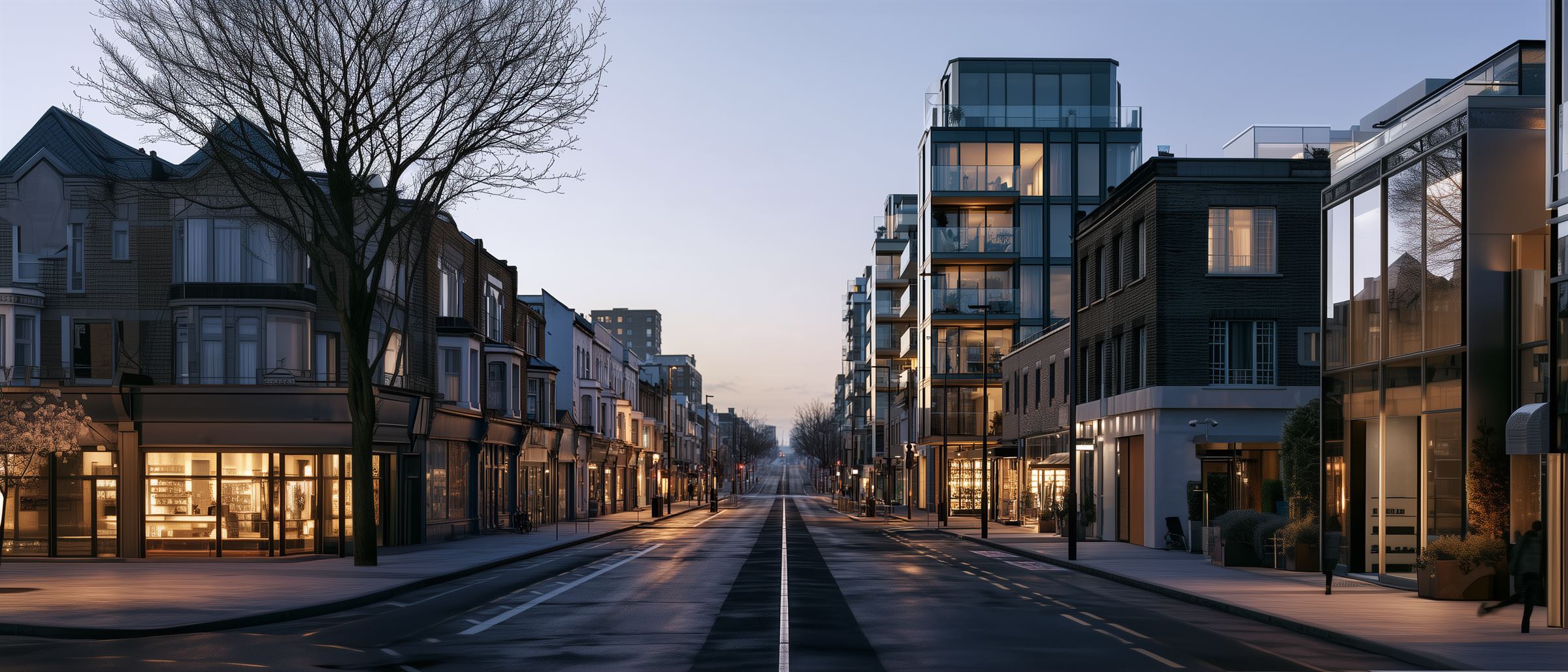 A British street at twilight, older terraced houses on one side and new apartment blocks on the other